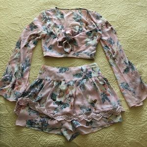 Pink 2 Piece Floral Crop Top Set